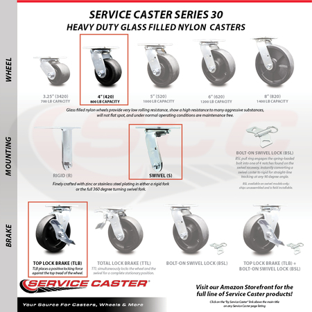 Service Caster 4 Inch SS Glass Filled Nylon Caster Set with Roll Bearings 2 Swivel Lock 2 Brake SCC-SS30S420-GFNR-BSL-2-TLB-2